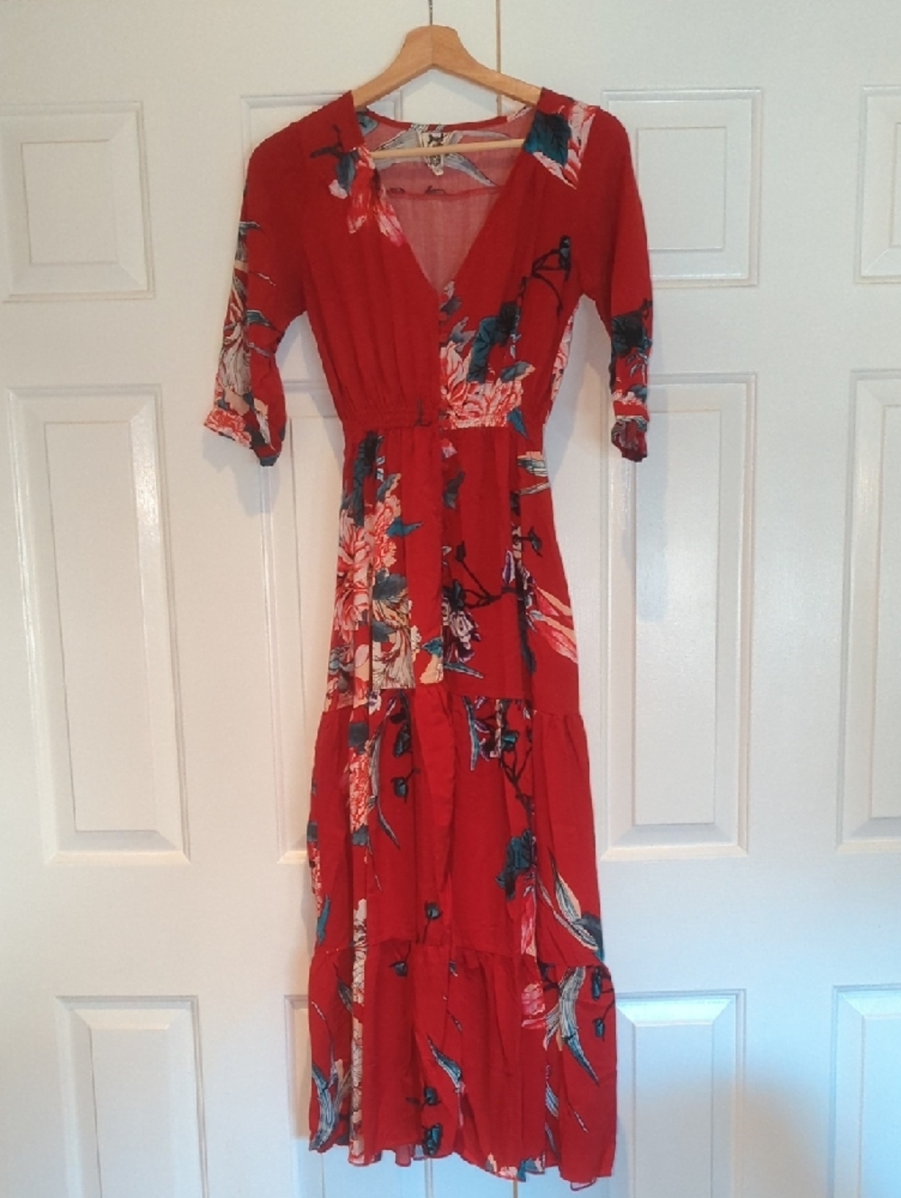 Jaase Red Floral Print Button Down Flowy Summer Maxi Dress Duster Boho Festival